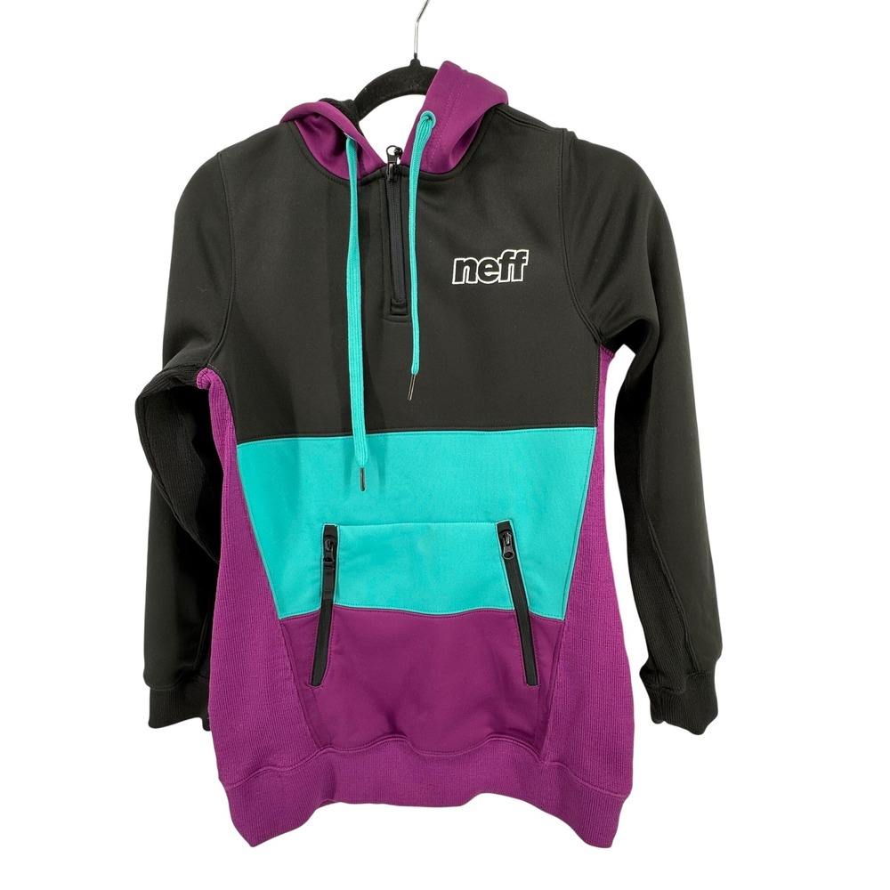 Neff Hoodie Women XS Black Purple Teal Colorblock 1/4 Zip Fleece Pullover Snow‎